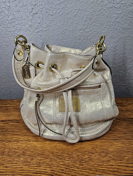 Coach Handbags - Coach Poppy Gold Shimmer Cinch Bucket Bag